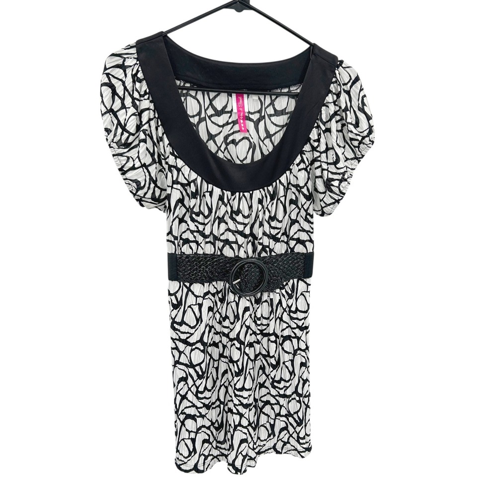 Y2K Whimsigoth Abstract Pleated Tunic Top Size L Black White Indie Sleaze Retro